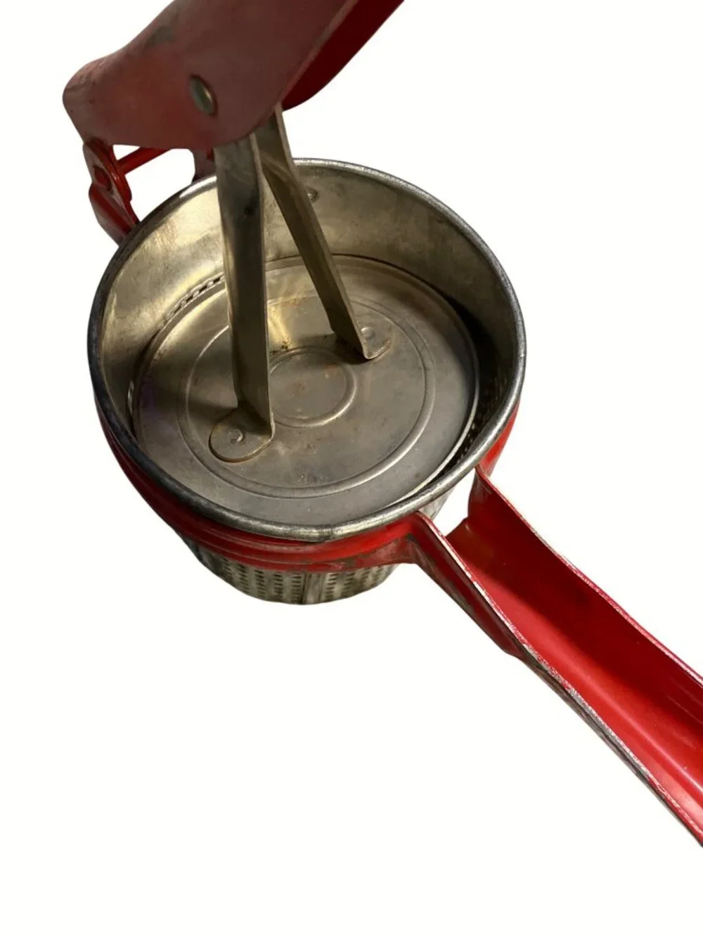 Red Metal Potato Ricer With Perforated Basket And Press Handle Vintage